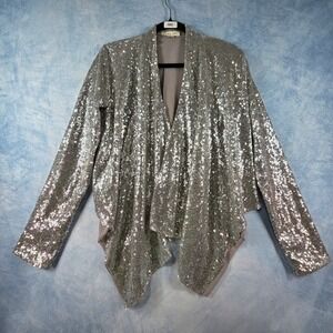 Double Zero Womens Silver Sequin Open Front Draped Waterfall Cardigan Jacket L